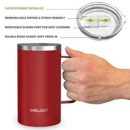 CHILLOUT LIFE Stainless Steel 20 oz Vacuum Insulated Coffee Mug with Handle and Lid, Large Thermal Camping Coffee Mug Cup with Durable Sliding Lid for Men & Women, Keeps your Beverages Hot/Cold - color: Cherry Red, size: 20 Ounces
