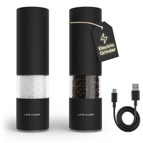 LARS NYSØM Electric Salt and Pepper Grinder Set I Automatic Salt and Pepper Mills with Adjustable Ceramic Grinder I USB Rechargeable Electric Spice Mill Set with LED Light (Carbon Black) - color: Carbon Black, size: Set of two electric mills
