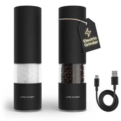 LARS NYSØM Electric Salt and Pepper Grinder Set I Automatic Salt and Pepper Mills with Adjustable Ceramic Grinder I USB Rechargeable Electric Spice Mill Set with LED Light (Carbon Black) - color: Carbon Black, size: Set of two electric mills