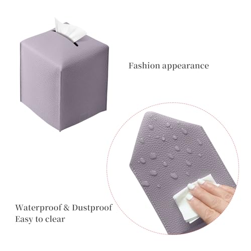 REGELETO Square Tissue Box Cover, Pu Leather Tissue Box Holder with Bottom Belt Modern Stylish Tissue Box Organizer for Bathroom, Bedroom, Hotel, Office Desk 5"X5"X5" - color: Single-purple