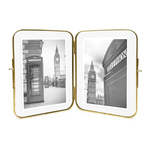 Isaac Jacobs 5x7 Gold Double-Sided Metal Floating Photo Frame w/ClaspLock | Double-Sided Round-Edged Brass & Glass Metal Floating Picture Frame Locket Closure (Vertical), Tabletop (5x7, Antique Gold) - color: Antique Gold, size: 5x7