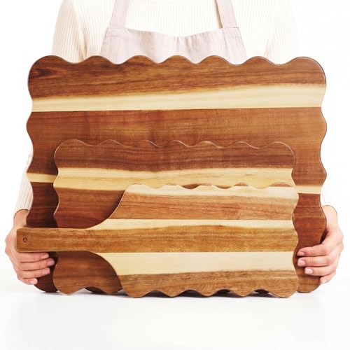 Novabright 3 Pcs Extra Large Acacia Wood Charcuterie Boards Set, Unique Wavy Edge Scalloped Cutting Boards for Kitchen, Wooden Serving Tray for Cheese Meat Fruit, Ideal Housewarming Gift (Flat Wavy) - style: Flat Wavy