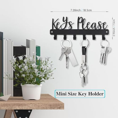 Keys Please Key Holder Wall Mounted, Mini Size: 7.28x2.95inch | Black Metal Decorative Rack Hooks for Garage,Mudroom,Hallway,Entryway,Front Door,Office - size: Mini Size Key Hooks:7.28x2.95inches