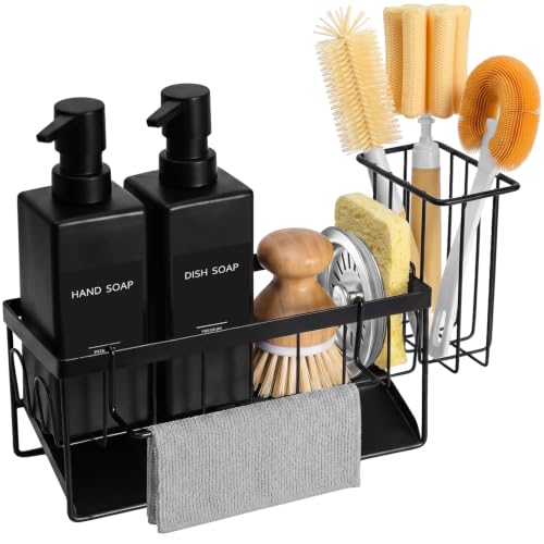 GMISUN Dish Soap Dispenser, 12 fl oz / 350 ml Dual Kitchen Soap Dispensers with Sponge Holder, Customized Matte Black Kitchen Soap Dispenser Set, Modern Hand and Dish Soap Bottle Set Removable - color: Black Bottle + Black Rack