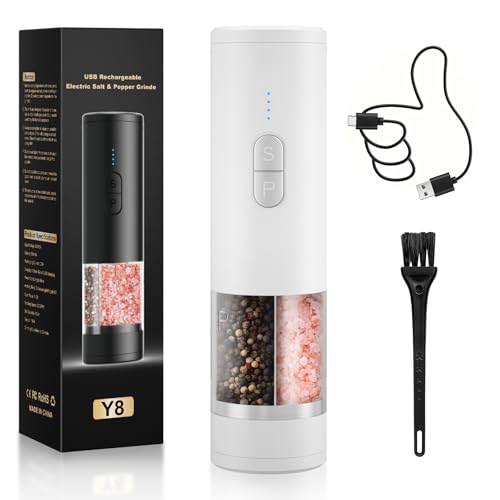 Electric Salt and Pepper Grinder Set Shakers 2 IN 1-Rechargeable Automatic Pepper Mill,with LED Lighting,Adjustable Grinder,Large Capacity-Ideal for Kitchen,BBQ,Ideal Kitchen Gifts (White) - color: White