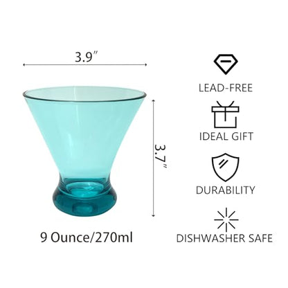 Set of 6 Plastic Stemless Martini Glasses 9 oz, Heavy Base Stable Cocktail/Drink/Juice/Red Wine Glasses, Fits Ice Cream/Milkshakes, Dishwasher Safe, Ideal for Home Party (Teal) - color: Teal