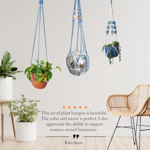 Set of 3 Macrame plant hangers with Daisies & Beads Hanging plant holder Macrame Plant hangers outdoor and indoor hanging planters Plant stand indoor Boho Decor hanging planter stand (Cloudy Day)