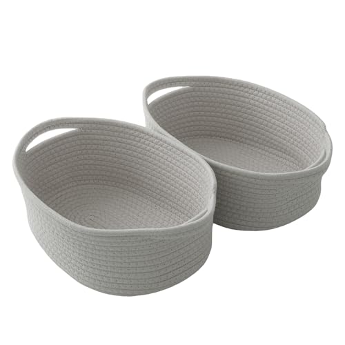 2 Pack White Small Woven Rope Basket with Handles | Empty Gifts Basket with Bag and Ribbons, Cute Handle Organizer Box, Birthday/Baby Shower, Toy Storage - color: 2PC-Grey