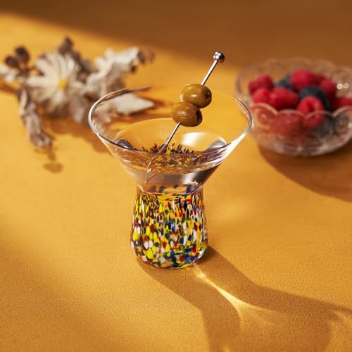 Large Stemless Martini Glasses – Set of 2-8oz Luxury Hand Blown Confetti Margarita, Martinis, Cocktails, Water, Wine, Dessert & Champagne Glasses Cinco de Mayo, Hand Blown - Mexican Confetti Glass - style: Mexican Confetti Martini Glass
