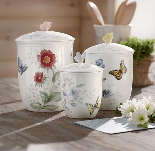 Lenox Butterfly Meadow 3-Piece Canister Set, 6.60 LB, Multi | dishwasher safe | floral design | condiment containers with lids, gift for women, kitchen storage gift - style: Round Canisters, Set of 3