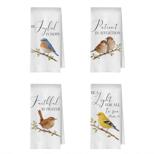 Christian Bird Kitchen Towels Set - Floral Birds Bible Verse Gifts Decorative Waffle Dish Towels, Christian Gifts for Women Hand Towels, Hostess Gift Tea Towel, 16x24 Inch Set of 4 - color: Birds Christian