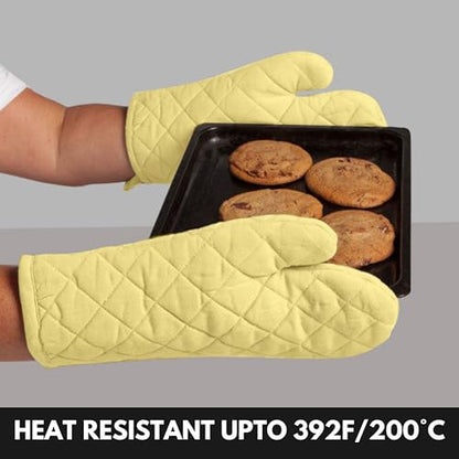 Oven Mitt (7"x13") & Pot Holder (8"x8") 100% Cotton Set of Heat Resistant Oven Gloves & Hot Pads for Gifts, BBQ, Cooking, Baking, Thanksgiving - Pale Yellow - color: Pale Yellow