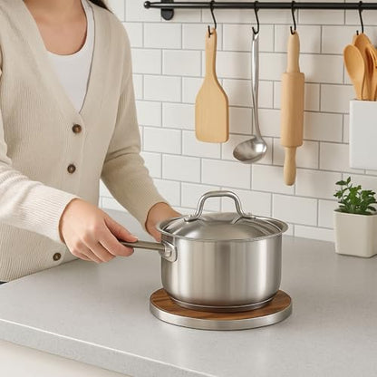 7 Inch Round Trivet Acacia Wood and Stainless Steel Frame | Heat-Resistant, Multi-Purpose Hot Pad, For Pots Pans and Dishes, Elegant Table Protector, Durable and Stylish