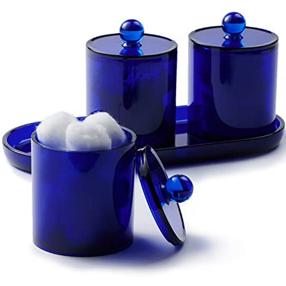 SheeChung 3 PCS Qtip Holder Bathroom Set with Tray, Acrylic Apothecary Jars | Blue Qtip Dispenser with Lid and Labels, Bathroom Qtip Holder Set for Cotton Ball, Cotton Swab 1 Pack Bathroom Vanity Tray - color: Blue