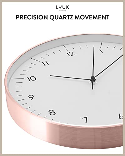 Modern Silent Quartz Wall Clock, 12in, White & Rose Gold | Designed in Germany, Simple & Elegant, Non-ticking, Analog, Battery operated, Housewarming gift, for Living room, Bedroom - color: White & Rose, 12"
