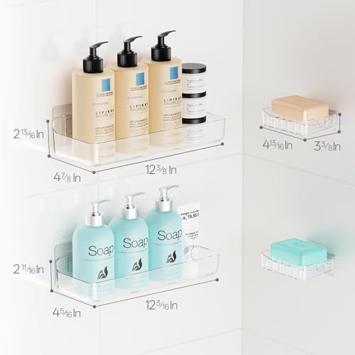 Crystal-Clear Shower Caddy with Soap Dish & Adhesive Pads, 2 Pack | Acrylic Wall Mounted Shower Shelves for Bathroom Organizers and Storage, No Drill for Bathroom Decor