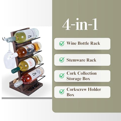 Rueda Tabletop Wine Rack for 4 Bottles with 2 Stemware Glass Holder and Cork Storage Countertop Tray Freestanding Bar Organizer, Walnut