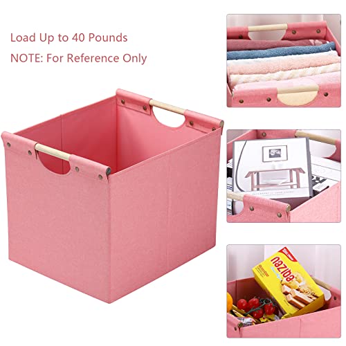 HOONEX Large Foldable Storage Bins, Linen Fabric, Pack of 2, Storage Baskets with Wooden Carry Handles and Sturdy Heavy Cardboard, for Home, Office, Car, Nursery, Pink - color: Pink