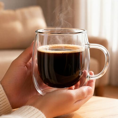 Glass Coffee Mugs Set Of 2, 10oz Double Walled Insulated Glass Mugs with Handle and Coaster, Heat Resistant Borosilicate Clear Glass Cups for Espresso Latte Cappuccino, Tea Bag, Beverage - size: 2 Pack+2 Coasters