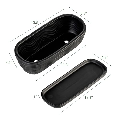 MyGift 13.5 inch Succulent Planter Pot, Oval Modern Ceramic Plant Box Container with Wave Textured Pattern and Removable Saucer Drip Tray (Black) - color: Black