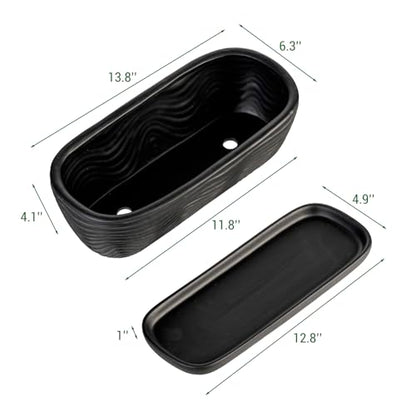 MyGift 13.5 inch Succulent Planter Pot, Oval Modern Ceramic Plant Box Container with Wave Textured Pattern and Removable Saucer Drip Tray (Black) - color: Black