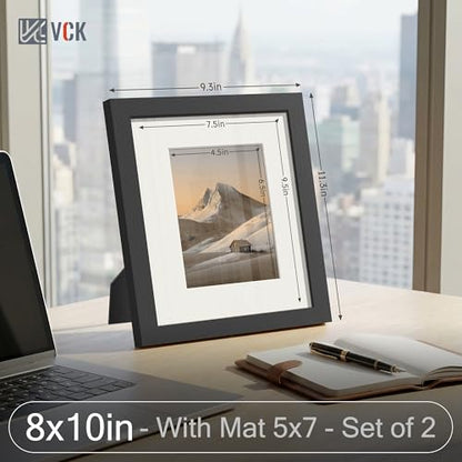VCK Picture Frame 8x10 Inch Display Picture 5x7 with Mat or 8x10 without Mat Set of 2 Photo Frame with High Definition Real Glass Front Display Tabletop and Wall Mounting Black - color: Black, size: 8x10, style: 2 Pack