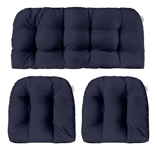 RSH DECOR 3 Piece Wicker Cushion Set Made with Sunbrella® Canvas Navy Fabric (44" x 22" Loveseat Cushion and 22" x 22" U Shape Chair Cushions) - Made in USA