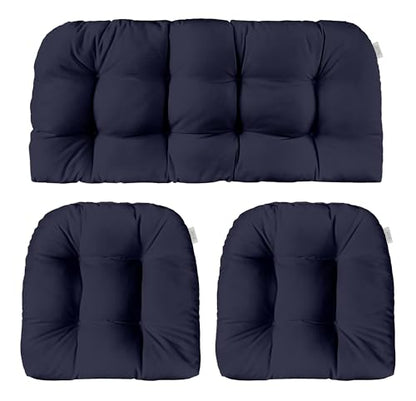 RSH DECOR 3 Piece Wicker Cushion Set Made with Sunbrella® Canvas Navy Fabric (44" x 22" Loveseat Cushion and 22" x 22" U Shape Chair Cushions) - Made in USA