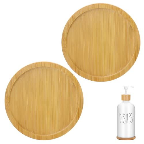 2Pcs Round Bamboo Soap Dispenser Tray, Bathroom Countertop Organizer (2)