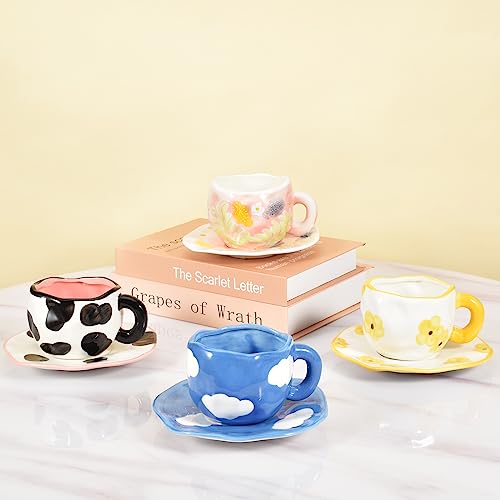 Koythin 10oz Ceramic Mug With Saucer, Dark Blue Sky White Cloud Latte Cup | 300ml Household Cup, Dual Safe Ceramic; Home Office Daily Use, Aesthetic Desk Decor - color: Dark Blue Sky and White Clouds