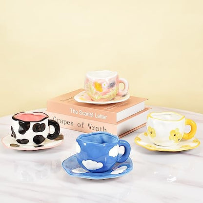 Koythin 10oz Ceramic Mug With Saucer, Dark Blue Sky White Cloud Latte Cup | 300ml Household Cup, Dual Safe Ceramic; Home Office Daily Use, Aesthetic Desk Decor - color: Dark Blue Sky and White Clouds