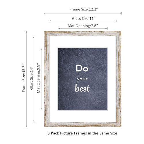 Rustic Distressed Retro Style White Frame 11x14 Picture Frame Set of 3 with Real Glass for Pictures 8x10 with Mat or 11x14 Without Mat, Wall Gallery or Tabletop display - size: 11x14(set of 3)
