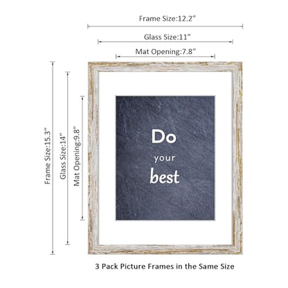 Rustic Distressed Retro Style White Frame 11x14 Picture Frame Set of 3 with Real Glass for Pictures 8x10 with Mat or 11x14 Without Mat, Wall Gallery or Tabletop display - size: 11x14(set of 3)