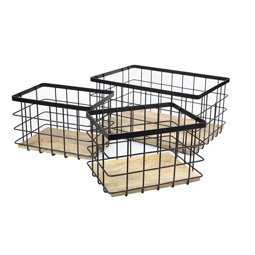 happimess Evvie 3-Piece Wire Metal Wood Nesting Baskets 15", Black/Natural | Handmade Mango Wood Base, Vintage Farmhouse Industrial Style, Open Mesh Bin For Shelves Pantry Countertop, Mild Steel - color: Black/Natural