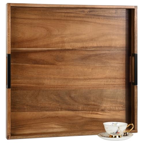 Large Square Ottoman Tray for Living Room and Coffee Table, Decorative Acacia Wood Serving Tray with Metal Handles for Breakfast in Bed, Dinner Food Kitchen TV (Natural, 22" x 22" x 2") - size: 22" x 22" x 2"