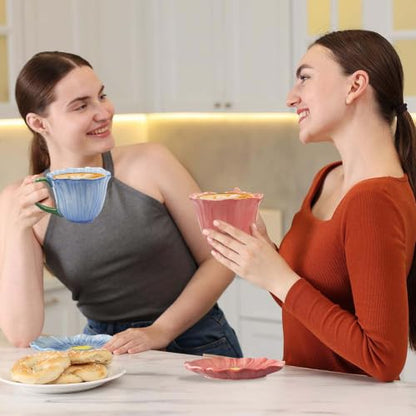 10 oz Tea Cups and Saucers, Ceramic Flower-shaped Cappuccino Cup, Latte Cup and Saucer set, elegant floral Espresso Cup set, Suitable for microwave and dishwasher-Blue - color: Blue