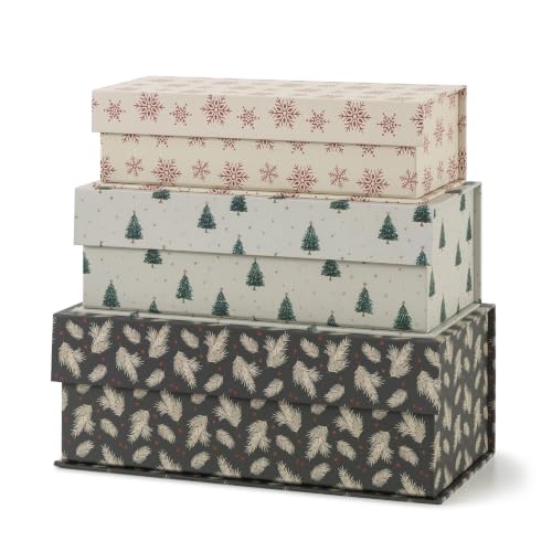 Soul & Lane - Magnetic Christmas Nesting Gift Boxes with Lids, Set of 3 | Reusable Decorative Holiday Boxes with Magnet Closure for Presents, Snowflake, Tree and Pine Sprig Keepsake Storage Set - color: Christmas Cottage