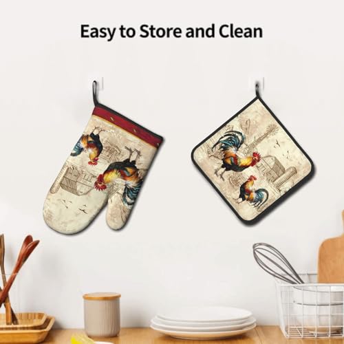 Farm Rooster Oven Mitts and Pot Holder Set of 2 Rustic Chicken Kitchen Potholders Heat Resistant Oven Glove for Baking Cooking Grilling BBQ - color: Farm Rooster