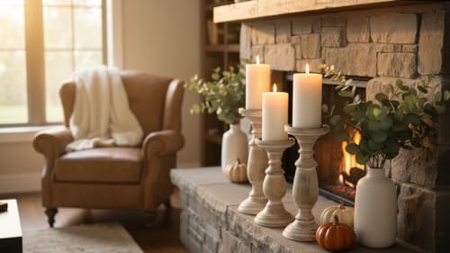 White WSH Candle Stands Wooden for Pillar Candles,Rounded Turned Colums, Sustainable Woods, Country Style Aromatherapy Candle Gardens Home décor - 6,8,10 Inch Set of 3