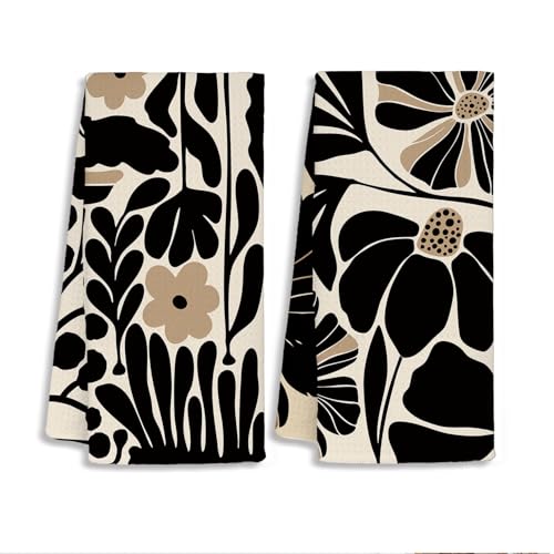 Boho Abstract Floral Kitchen Towels Set of 2, Flower Botanical Dish Towels for Kitchen Drying, Dark Cottagecore Neutral Hand Towels for Bathroom, 16x24 Inch - color: B-boho and Black(brown)