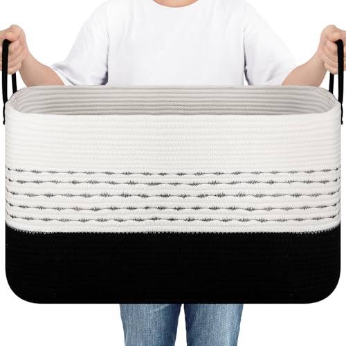 OIASKET 75L Large Cotton Rope Storage Basket, Soft Decorative Blanket Basket for Living Room & Bedroom, Boho Laundry Hamper with Handles Capable of Holding Pillows, Clothes and Toys-Black & White - color: Black & White, size: 75L