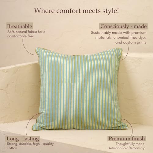 JBH Hand Block Print Reversible Throw Pillow Covers 18x18 Inch Set of 2 – Handmade Cotton Throw Pillow Cases (Blue, Green, 18x18 Inch) - color: Blue, Green