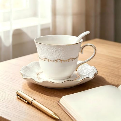 Tea Cup and Saucer Set for 1, Ceramic, White, 6.8 Oz | Coffee Cup with Saucer and Spoon, Elegant Design, 3D relief patterns, Gold Trim, Protective Packaging, Ideal for Gift - color: Elegant