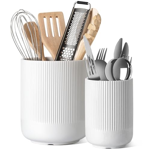 LE TAUCI Utensil Holder for Kitchen Counter, 7.3"+5.4" Fluted Ceramic Utensil Crock Organizer for Countertop, Heavy Large Holder for Spatulas, Spoons, Set of 2, White, Kitchen Counter Decor - color: White