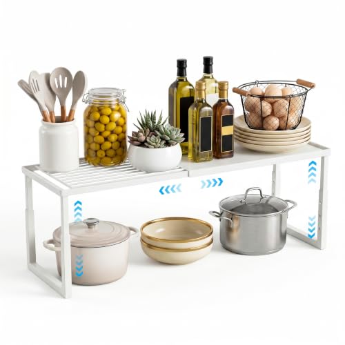 Expandable Cabinet Shelf Organizer, Stackable Countertop Shelves, White | 15.8''- 25.5'' In Cabinet Shelf, Adjustable Kitchen Cabinet Organizer for Pantry Organizer, CupBoard Organizers and Storage - color: White, size: 1 Pack