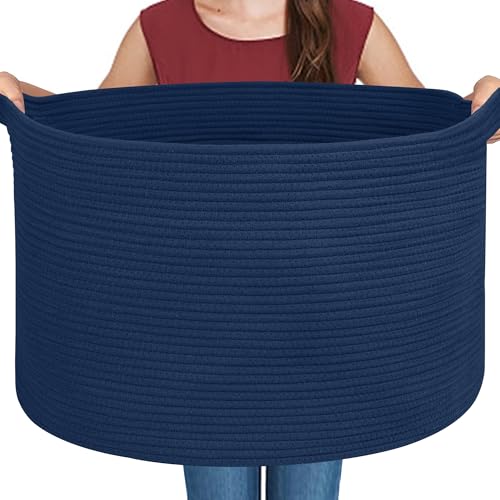 Dark Blue Basket for Organizing, 22" x 14" Extra Large Woven Cotton Rope Laundry Basket, Blanket Storage for Living Room Bedroom, Big Nursery Kids Toy Box Organizer, Pool Towel Storage Bin - color: Dark Blue, size: 22"x22"x14"