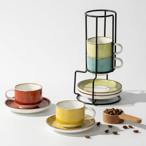 ONEMORE 2.5 Oz Espresso Cups Set of 4, Stackable Porcelain Coffee Cups with Saucers and Metal Stand, Demitasse Mugs for Espresso, Cappuccino, Latte, Microwave & Dishwasher Safe - color: Assorted Colors