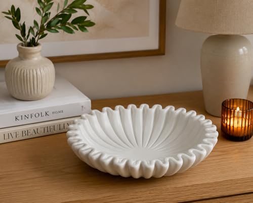White Marble Ruffle Bowl – Handcrafted Decorative Scalloped Edge Marble Bowls – Fluted Stone Centerpiece for Table, Kitchen, Entryway – 12 Inch Natural Stone - size: 12 inches