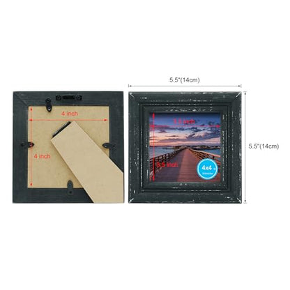 4x4 Picture Frame Made of Solid Wood High Definition Glass Rustic Antique Designs Small Photo Frame for Tabletop Display and Wall Mounting, Distress Black - color: Distress Black B, size: 4" X 4"