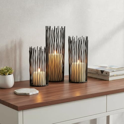 Metal Candle Holders for Pillar Candles - Black Wire Candle Holder Set of 3 | Creative Candlestick Holders for Table Centerpieces Fireplace Mantel Halloween Christmas Party Event Wedding Home Decorations